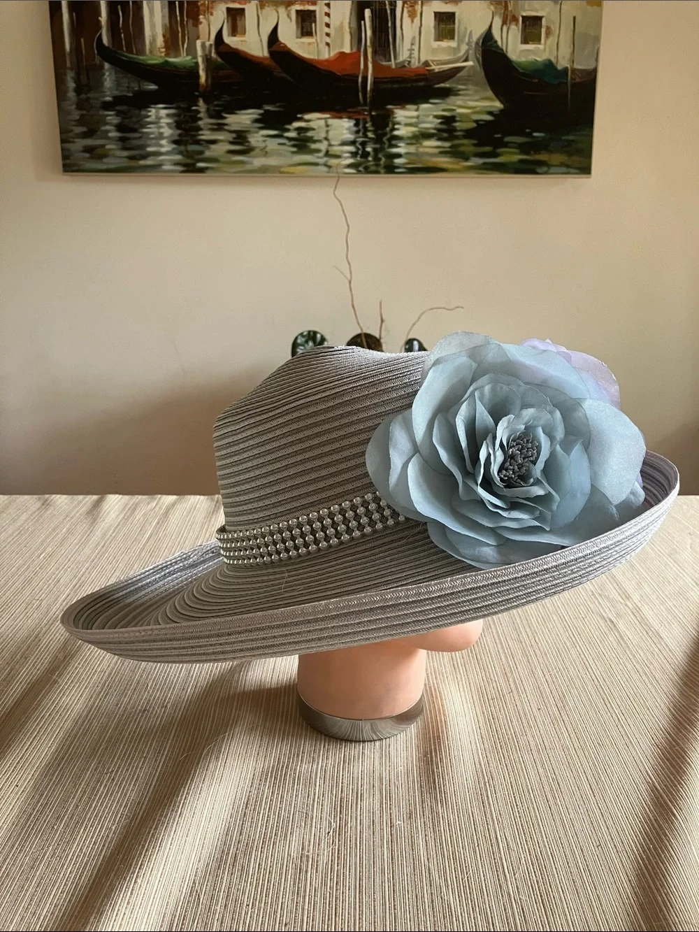 Chic Gray Wide-Brim Floral Hat in Dusty Blue and Light Gray Floral Accents